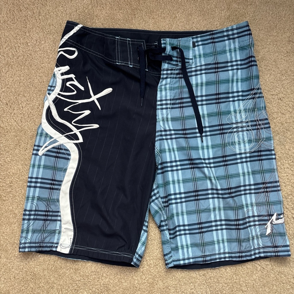 Rusty Men's Plaid Blue and Black Board Shorts